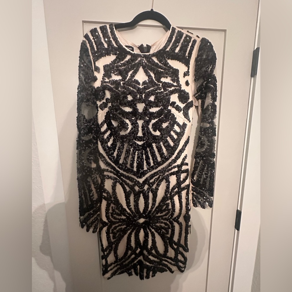 Bebe Sequin Black and Nude Dress